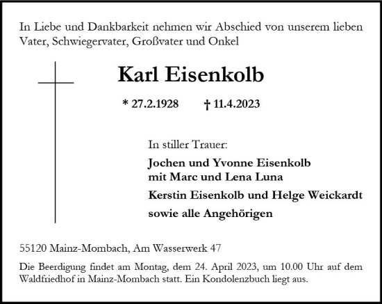 Traueranzeige von Karl Eisenkolb von Allgemeine Zeitung Mainz