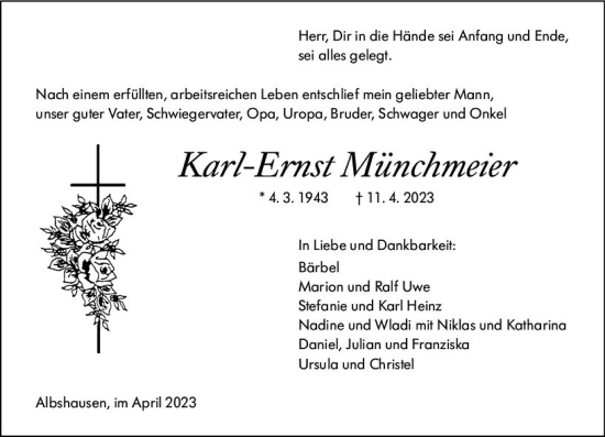 Traueranzeige von Karl-Ernst Münchmeier von Wetzlarer Neue Zeitung