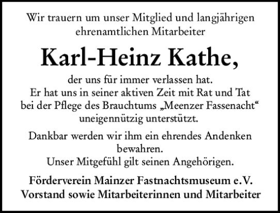 Traueranzeige von Karl-Heinz Kathe von Allgemeine Zeitung Mainz