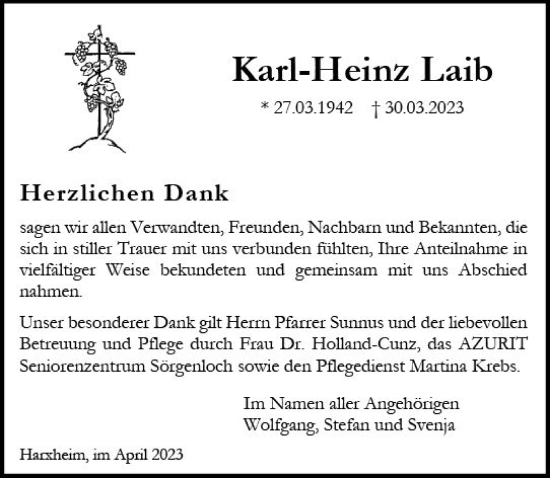 Traueranzeige von Karl-Heinz Laib von Allgemeine Zeitung Mainz