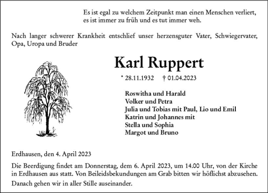 Traueranzeige von Karl Ruppert von Hinterländer Anzeiger