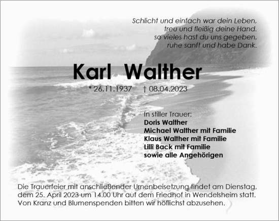 Traueranzeige von Karl Walther von Allgemeine Zeitung Alzey