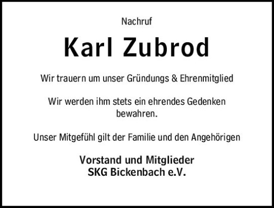 Traueranzeige von Karl Zubrod von Darmstädter Echo