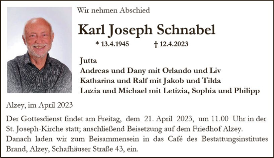 Traueranzeige von Karl Joseph Schnabel von Allgemeine Zeitung Alzey
