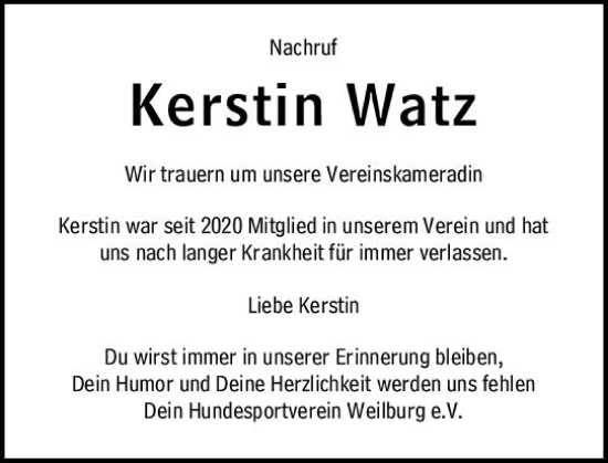 Traueranzeige von Kerstin Watz von Weilburger Tageblatt