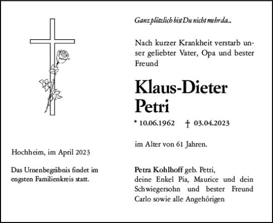 Traueranzeige von Klaus-Dieter Petri von Hochheimer Zeitung