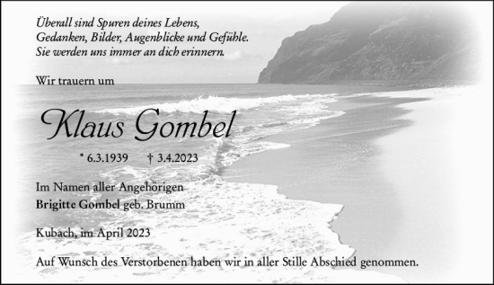 Traueranzeige von Klaus Gombel von Weilburger Tageblatt