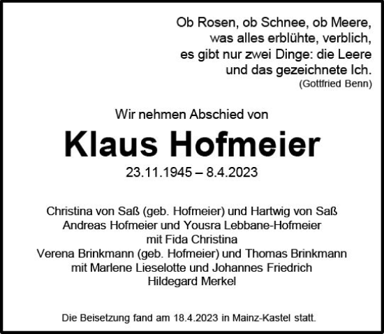 Traueranzeige von Klaus Hofmeier von Allgemeine Zeitung Mainz