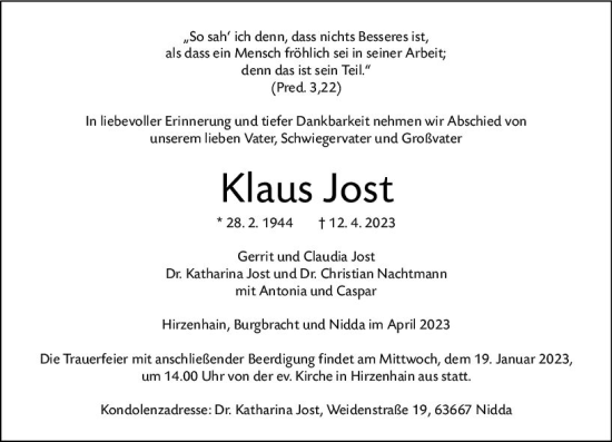 Traueranzeige von Klaus Jost von Dill Block