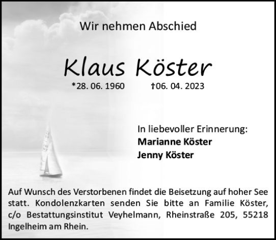 Traueranzeige von Klaus Köster von Allgemeine Zeitung Bingen/Ingelheim