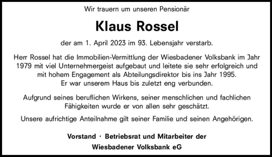 Traueranzeige von Klaus Rossel von Wiesbadener Kurier