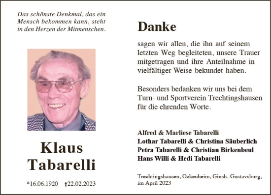 Traueranzeige von Klaus Tabarelli von Allgemeine Zeitung Bingen/Ingelheim