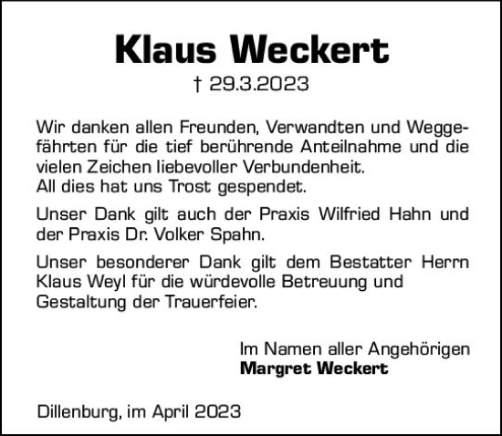 Traueranzeige von Klaus Wecken von Dill Block