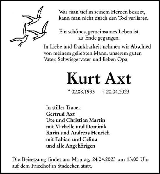 Traueranzeige von Kurt Axt von Allgemeine Zeitung Mainz