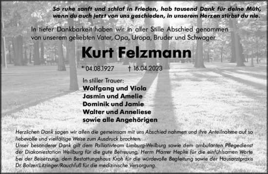 Traueranzeige von Kurt Felzmann von Weilburger Tageblatt