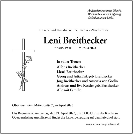 Traueranzeige von Leni Breithecker von Nassauische Neue Presse