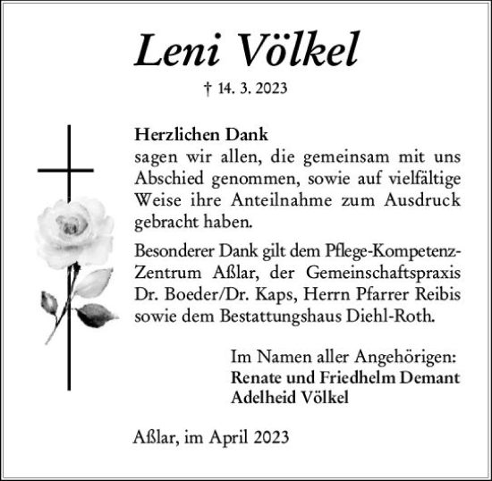 Traueranzeige von Leni Völkel von Wetzlarer Neue Zeitung