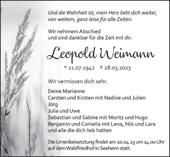 Traueranzeige von Leopold Weimann von Darmstädter Echo