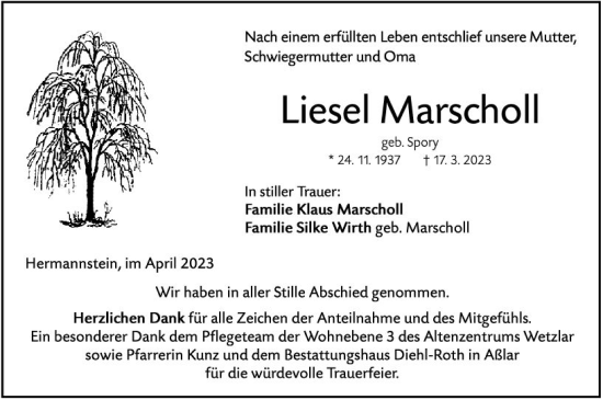 Traueranzeige von Liesel Marscholl von Wetzlarer Neue Zeitung