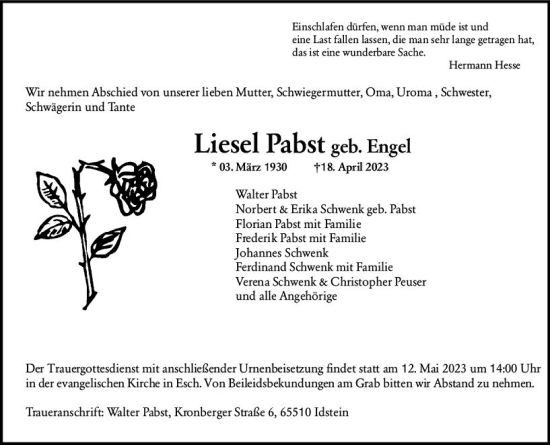 Traueranzeige von Liesel Pabst von Camberger Anzeiger