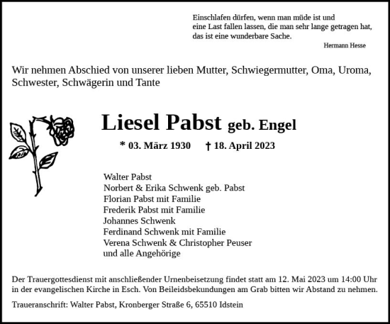 Traueranzeige von Liesel Pabst von Idsteiner Land/Untertaunus