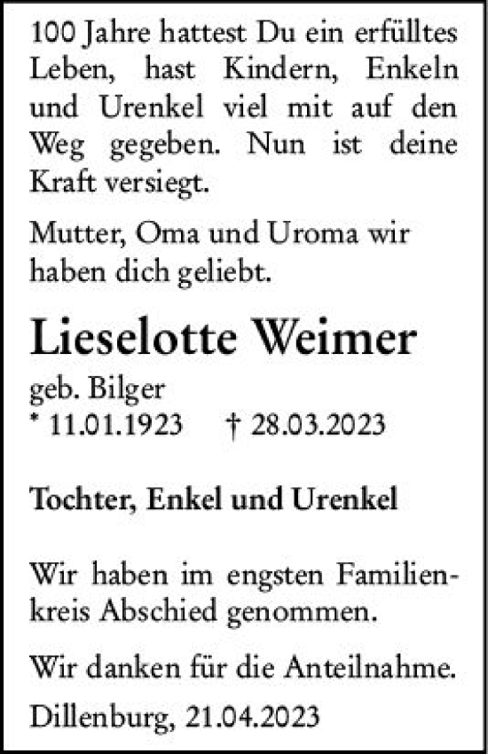Traueranzeige von Lieselotte Weimer von Dill Block