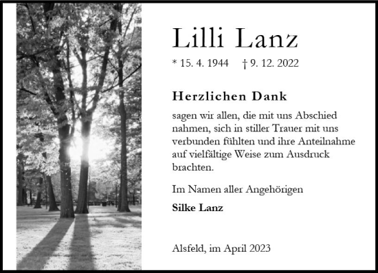 Traueranzeige von Lilli Lanz von Oberhessen Kurier
