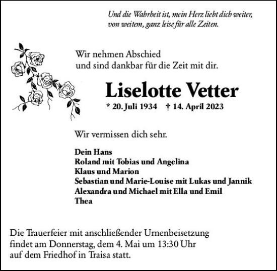 Traueranzeige von Liselotte Vetter von Darmstädter Echo