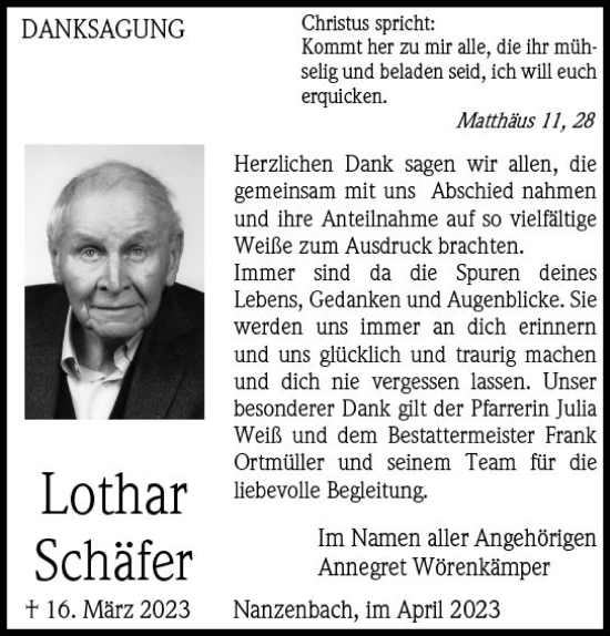 Traueranzeige von Lothar Schäfer von Dill Block