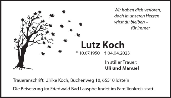Traueranzeige von Lutz Koch von Idsteiner Land/Untertaunus