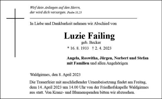 Traueranzeige von Luzie Failing von Wetzlarer Neue Zeitung