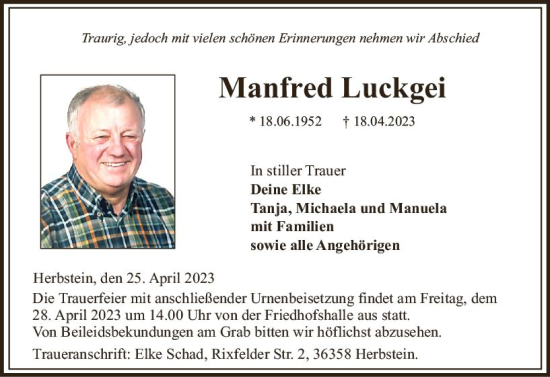 Traueranzeige von Manfred Luckgei von VRM Trauer