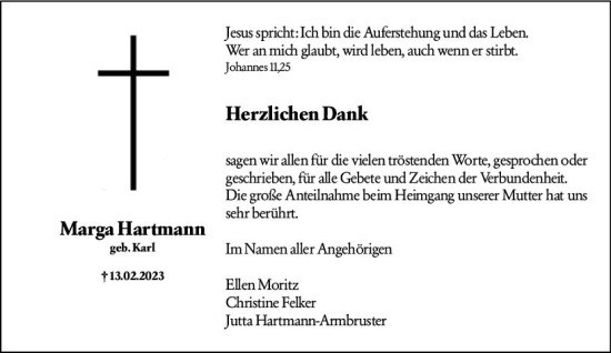 Traueranzeige von Marga Hartmann von Wetzlarer Neue Zeitung