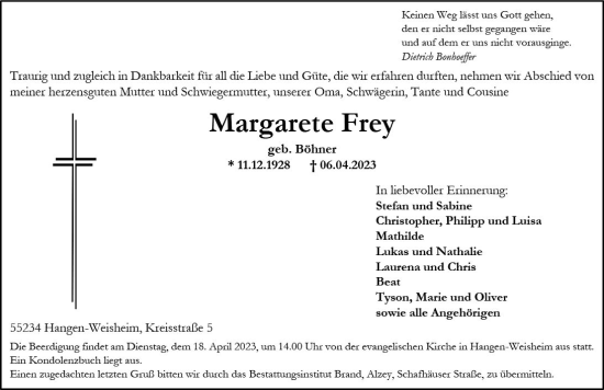 Traueranzeige von Margarete Frey von Allgemeine Zeitung Alzey