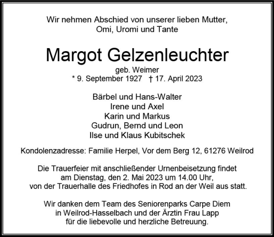 Traueranzeige von Margot Gelzenleuchter von Wetzlarer Neue Zeitung