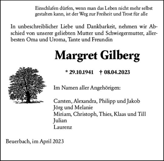 Traueranzeige von Margret Gilberg von Camberger Anzeiger