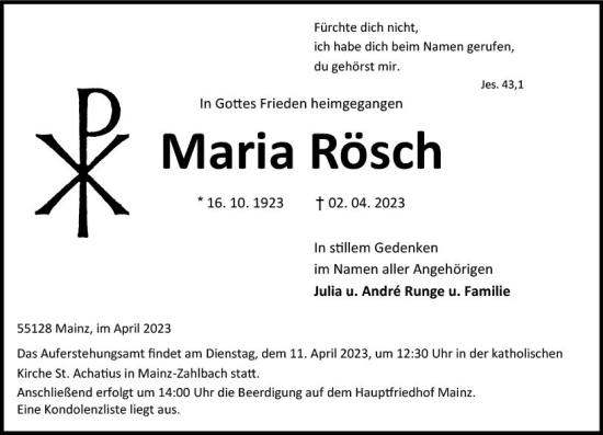 Traueranzeige von Maria Rösch von Allgemeine Zeitung Mainz