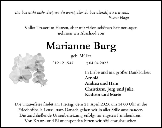 Traueranzeige von Marianne Burg von VRM Trauer
