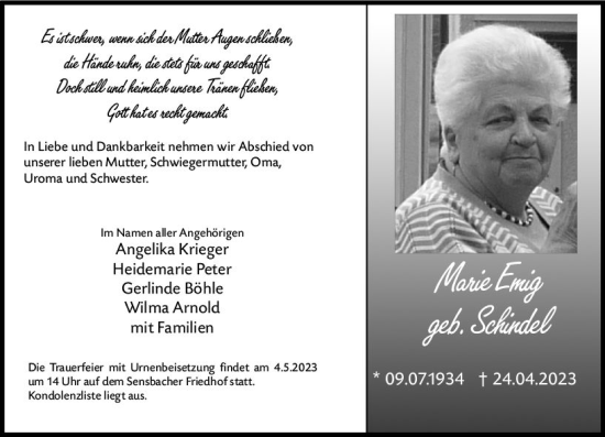 Traueranzeige von Marie Emig von Odenwälder Echo