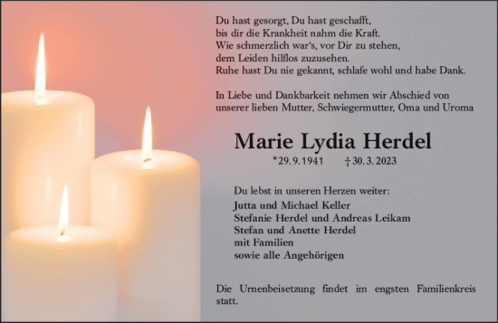Traueranzeige von Marie Lydia Herdel von Darmstädter Echo