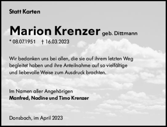 Traueranzeige von Marion Krenzer von Dill Block