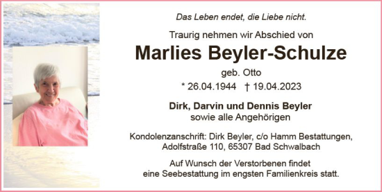 Traueranzeige von Marlies Beyler-Schulze von Wiesbadener Kurier