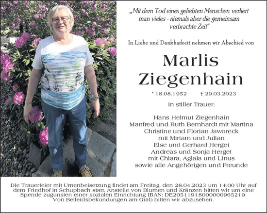 Traueranzeige von Marlies Ziegenhain von Weilburger Tageblatt
