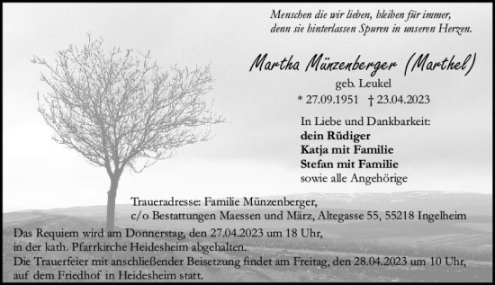 Traueranzeige von Martha Münzenberger von Allgemeine Zeitung Bingen/Ingelheim