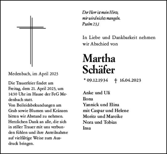 Traueranzeige von Martha Schäfer von Dill Block