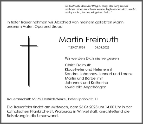 Traueranzeige von Martin Freimuth von Rheingau Kurier