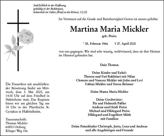 Traueranzeige von Martina Maria Mickler von Darmstädter Echo