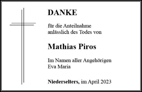 Traueranzeige von Mathias Piros von Camberger Anzeiger
