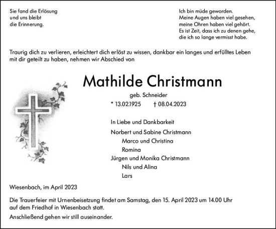Traueranzeige von Mathilde Christmann von Hinterländer Anzeiger