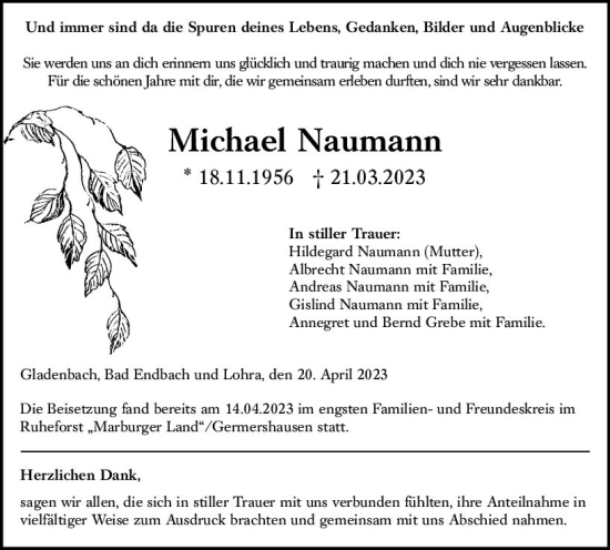 Traueranzeige von Michael Naumann von Hinterländer Anzeiger